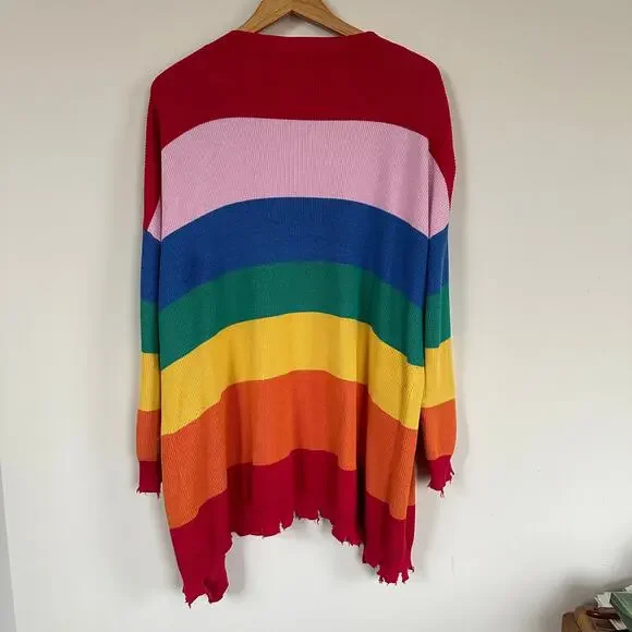 Honey Punch Cardigan Sweater Womens MEDIUM Open Front Rainbow Pride Twee Kidcore - Picture 6 of 10